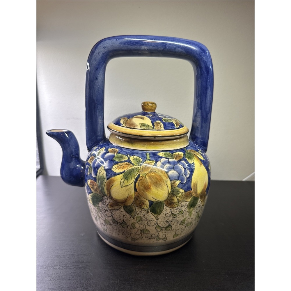 Lg Vtg Ceramic Pottery Teapot With Lid Colorful Cobalt Blue Yellow Pears